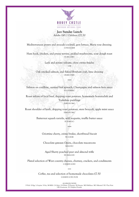 Bovey Castle Jazz Sunday Lunch Menu