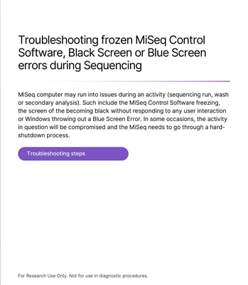 Troubleshooting frozen MiSeq Control Software, Black Screen or Blue Screen errors during Sequencing