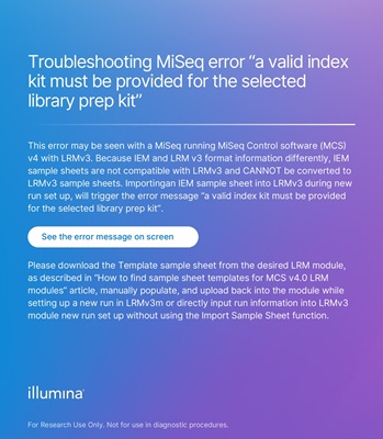 Troubleshooting MiSeq error “a valid index kit must be provided for the selected library prep kit”