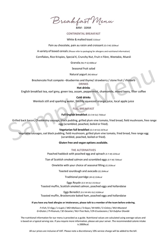 Brockencote Hall Hotel breakfast menu