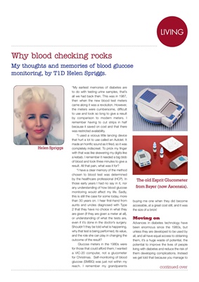 Desang diabetes magazine, nothing beats a blood test, Helen Spriggs IDEAL Group, Bayer Esprit Glucom
