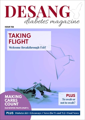 Desang diabetes magazine, Making Carbs Count, Diabetes KIT, non-invasive glucose testing, Glooko