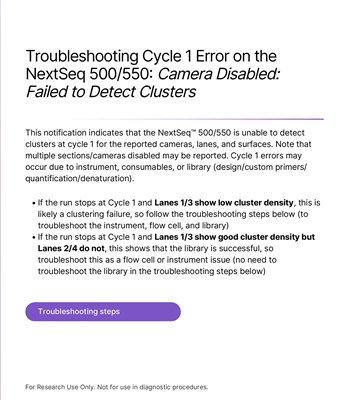 Troubleshooting Cycle 1 Error on the NextSeq 500/550: Camera Disabled: Failed to Detect Clusters