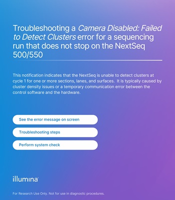 Troubleshooting a Camera Disabled: Failed to Detect Clusters error for a sequencing run that does no