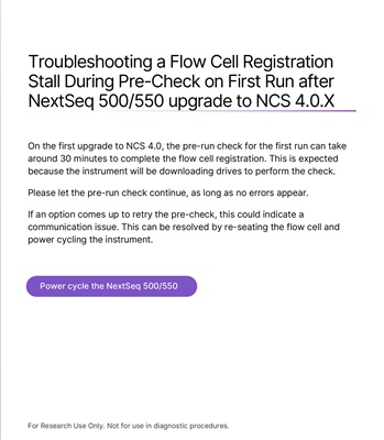 Troubleshooting a Flow Cell Registration Stall During Pre-Check on First Run after NextSeq 500/550